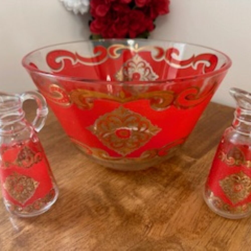 Vintage Libbey Starlyte Salad Bowl with Oil and Vinegar Dispensers – Gold Leaf D